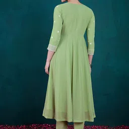 Kvsfab Floral Embroidered Pleated Sequinned Georgette A-Line Kurta With Trousers image 4