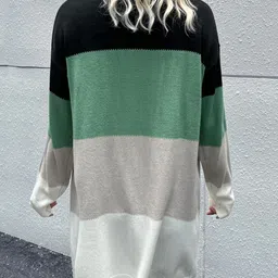 StyleCast Green & White Colourblocked Longline Front Open Sweater image 5