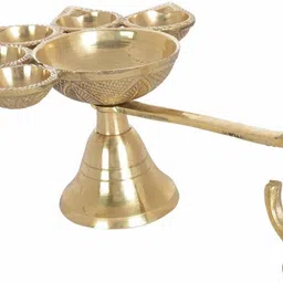 raaya Pure Brass Panch Deepak Aarti, Brass Diya for Pooja, Diya Stand for Mandir Use, Pack of 1 Copper Table Diya image 2