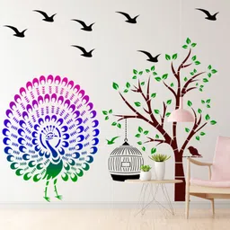 Combo Stencil for Wall Painting (Size:- 24X40 Inch) Theme:- "Beautiful Peacock & Tree With Cage" DIY Reusable Painting Design Suitable for BedRoom, Drawing Room, Living Room Entrance Modern Home Wall Arts Stencil-image-1