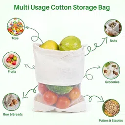 nature maa Pack of 12 Cotton Vegetable Bags Fridge Storage Sabji Pouch Reusable Washable Cotton Fruit & Vegetable Basket image 3