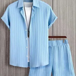 azyroo Men Top & Shorts Set Light Blue Solid-picture-14
