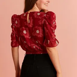 deewa Party Ruffled Sleeves Floral Print Women Red Top image 2