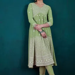 Kvsfab Floral Embroidered Pleated Sequinned Georgette A-Line Kurta With Trousers image 3