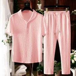 gurukrupa creation Men Night Suit Set Pink Self Design image 1