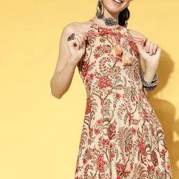 yufta Women Fit and Flare Beige Maxi/Full Length Dress image 4