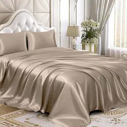 coolbeds Taupe Solid 400 TC Satin Queen Fitted Bedsheet with 2 Satin Pillow covers image 1