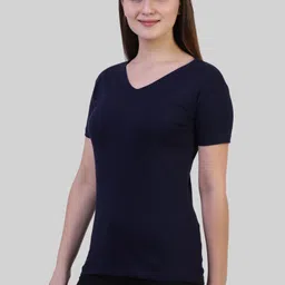 fleximaa Women Solid V Neck Pure Cotton Dark Blue T-Shirt image 3