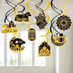 zyozi Black, Gold Ramadan Mubarak Decorations, Eid Umrah Mubarak Hanging Swirls (Pack of 8) image 1