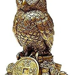 yashchandial Vastu Feng Shui Golden Brown Owl Standing on a Pile of Coins Idol Statue Decorative Showpiece - 12 cm image 2