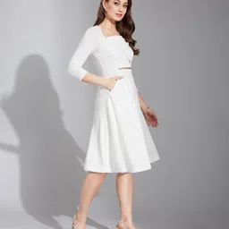 life with pockets Women Fit and Flare White Knee Length Dress image 3