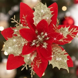 brijsun Red & Gold Glitter Poinsettia Christmas Flower For Tree,Wreath&Party Decoration Hanging Ornaments Pack of 5 image 5
