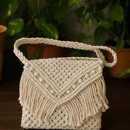 asad enterprises White Women Sling Bag Handcrafted Macramé Sling Bag with Fringes and Wooden Beads – Boho Style image 2