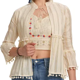 Party Ruffled Sleeves Ethnic Motifs Women Beige Top-image-19