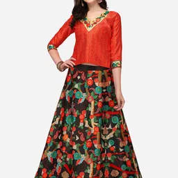 RAJGRANTH Black & Orange Printed Semi-Stitched Lehenga & Unstitched-picture-12