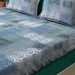KLOTTHE Blue Geometric Printed 400TC Pure- Cotton Fitted Double King Bedsheet Set image 2