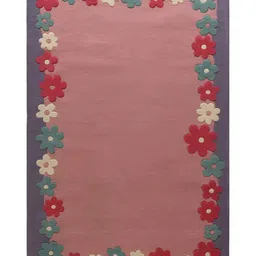 LITTLELOOMS Grey & Pink Floral Border Hand-Tufted Rectangular Woollen Carpet image 2