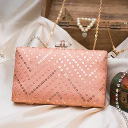 ARTKLIM Peach-Coloured & Silver-Toned Embroidered Embellished Box Clutch-image-43