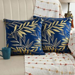 AEROHAVEN Blue & Gold-Toned 2 Pieces Floral Printed Velvet Square Cushion Covers-picture-3
