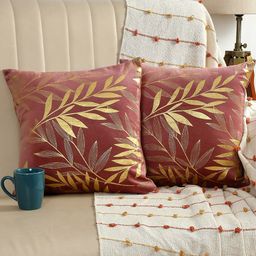 AEROHAVEN Pink & Gold-Toned 2 Pieces Floral Printed Velvet Square Cushion Covers-picture-2