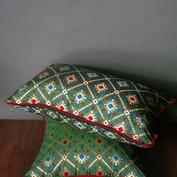 RoyalDeco Green & Gold 2 Pieces Brocade& Zari Geometric Rectangle Cushion Covers-picture-32