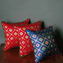 RoyalDeco Red & Blue 3 Pieces Ethnic Motifs Brocade Square Cushion Covers-image-26