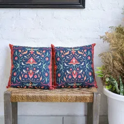 ABSTRACT INDIA Red & Blue Floral Cotton Square Cushion Cover-image-38