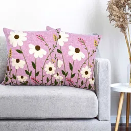 Vinayaka Fab Pink & White 2 Pieces Floral Embroidered Linen Square Cushion Covers-image-88