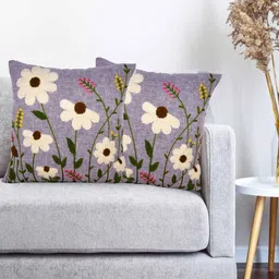 Vinayaka Fab Grey & white Floral Embroidered Linen Square Cushion Covers-image-87