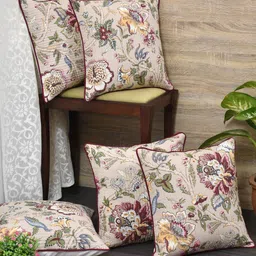 Clasiko Beige & Blue Set of 5 Floral Cotton Square Cushion Covers image 1