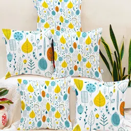 STITCHNEST Yellow & White Set of 5 Floral Square Cushion Covers-image-67