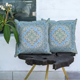 ABSTRACT INDIA Turquoise Blue & Grey 2Pieces Floral Cotton Square Cushion Covers-image-93