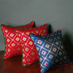 RoyalDeco Assorted &Blue 3Pcs Geometric Brocade Square Cushion Covers-picture-20
