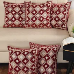 MULTITEX Maroon & Gold-Toned 5 Pieces Geometric Cotton Square Cushion Covers-picture-22