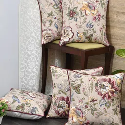 Clasiko Beige & Blue Set of 5 Floral Cotton Square Cushion Covers image 2