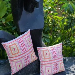 ABSTRACT INDIA White & Pink 2Pieces Geometric Cotton Square Cushion Covers image 2