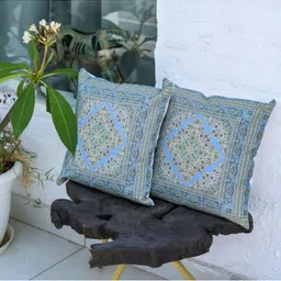 ABSTRACT INDIA Turquoise Blue & Grey 2 Pieces Printed Cotton Square Cushion Covers image 5