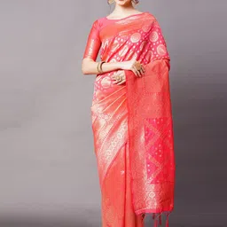 Mitera Peach-Coloured & Pink Floral Silk Blend Banarasi Saree-picture-10