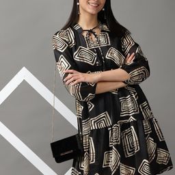 SHOWOFF Women Black & Beige Tie-Up Neck Satin Dress-picture-15