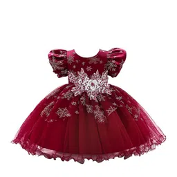 StyleCast Maroon & claret Embellished Embroidered Puff Sleeve Applique Fit & Flare Dress-picture-3