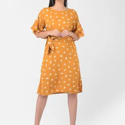 Crimsoune Club Women Orange Linen A-Line Dress-picture-10