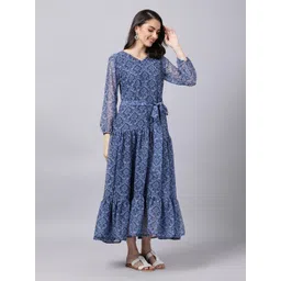 Souchii Blue Ethnic Motifs Printed Chiffon Maxi Tiered Dress image 3