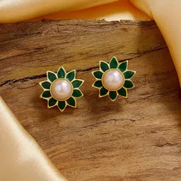 Estele Floral Gold-Plated Flower Shaped Pearl Stud Earrings image 1