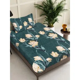 FABINALIV Green Floral Wollen Single Bedsheet with Pillow Cover image 1