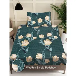 FABINALIV Green Floral Wollen Single Bedsheet with Pillow Cover image 2