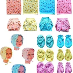 kmcho Soft & Comfy New born Baby Mittens, Jhabla, Nappy, Cap Combo Set – 100% Cotton, Gentle on Newborn Skin, Unisex, Must-Have Baby Essentials for 0-6 Months image 1