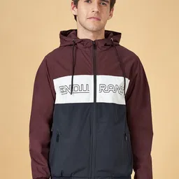 People Burgundy Colourblocked Long Sleeves Hooded Bomber Jacket-picture-42