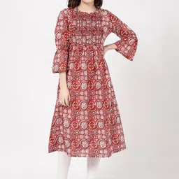 R&B Geometric Printed Bell Sleeves Smocked Pleated A-Line Pure Cotton Kurta-picture-38