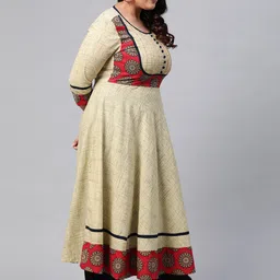 KALINI Plus Size Abstract Printed Round Neck Three-Quarter Sleeves  Anarkali Cotton Kurta image 3