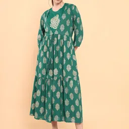 Soch Women Green & Gold Embroidered Jacquard Layered Ethnic Dresses image 3